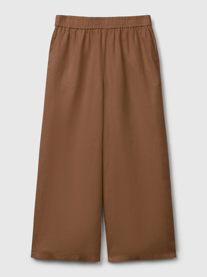 Benetton Wide Leg Trousers In Pure Linen Brown