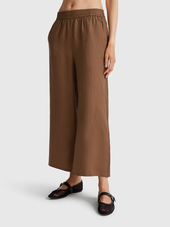 benetton Wide leg trousers in pure linen Brown