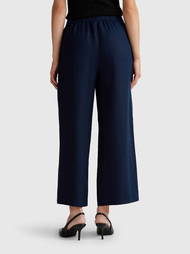 Benetton Wide Leg Trousers In Pure Linen Dark Blue
