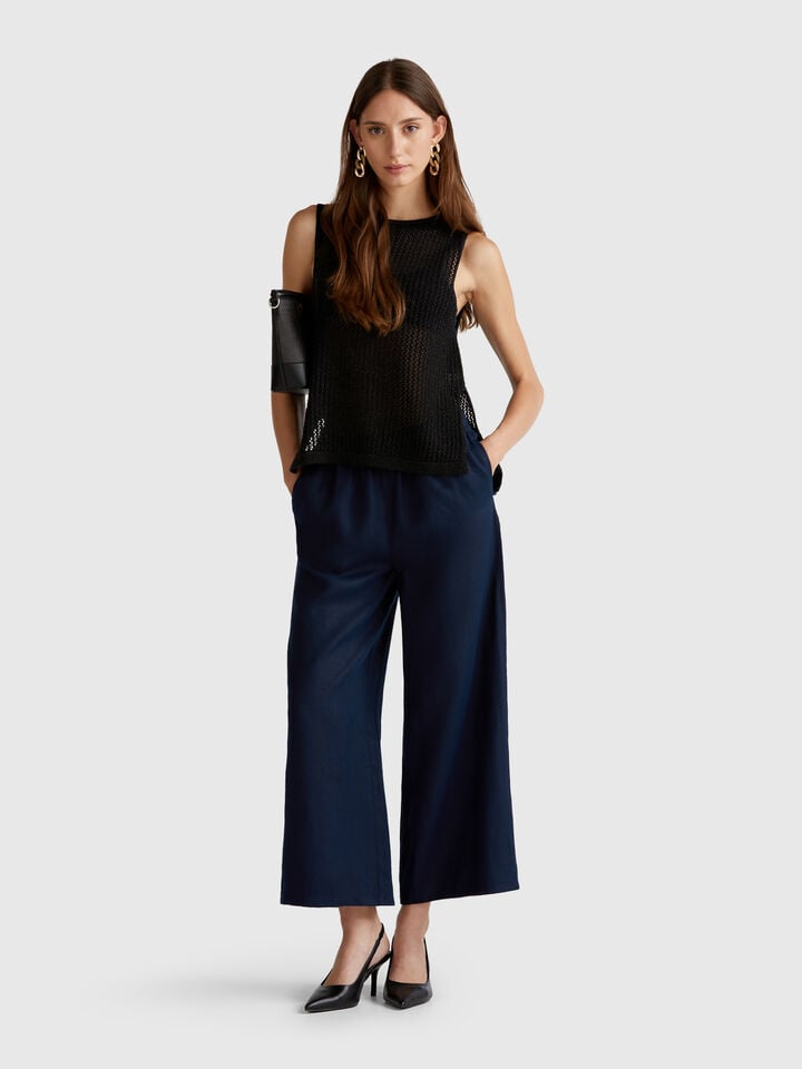 Benetton Wide Leg Trousers In Pure Linen Dark Blue