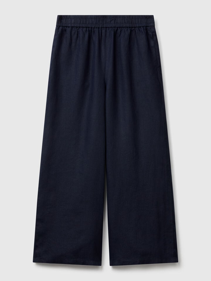 Benetton Wide Leg Trousers In Pure Linen Dark Blue