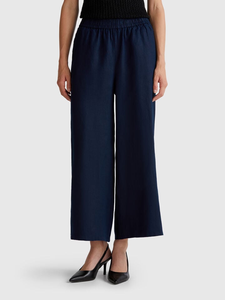 benetton Wide leg trousers in pure linen Dark Blue
