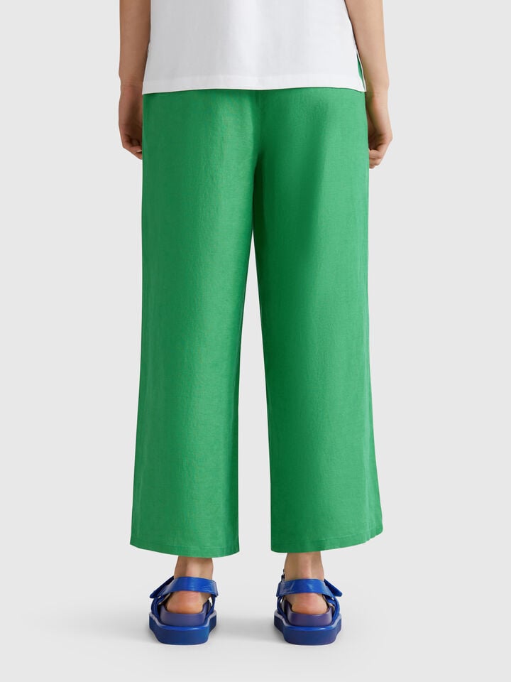 Benetton Wide Leg Trousers In Pure Linen Green