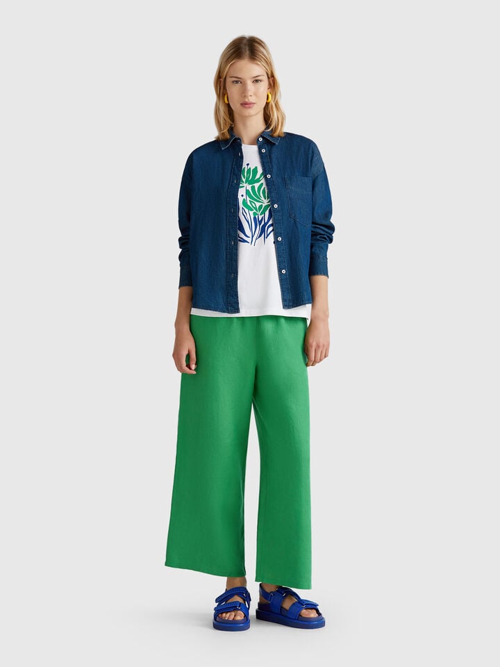 Benetton Wide Leg Trousers In Pure Linen Green