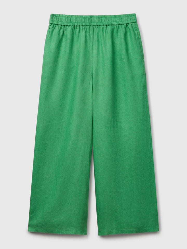 Benetton Wide Leg Trousers In Pure Linen Green