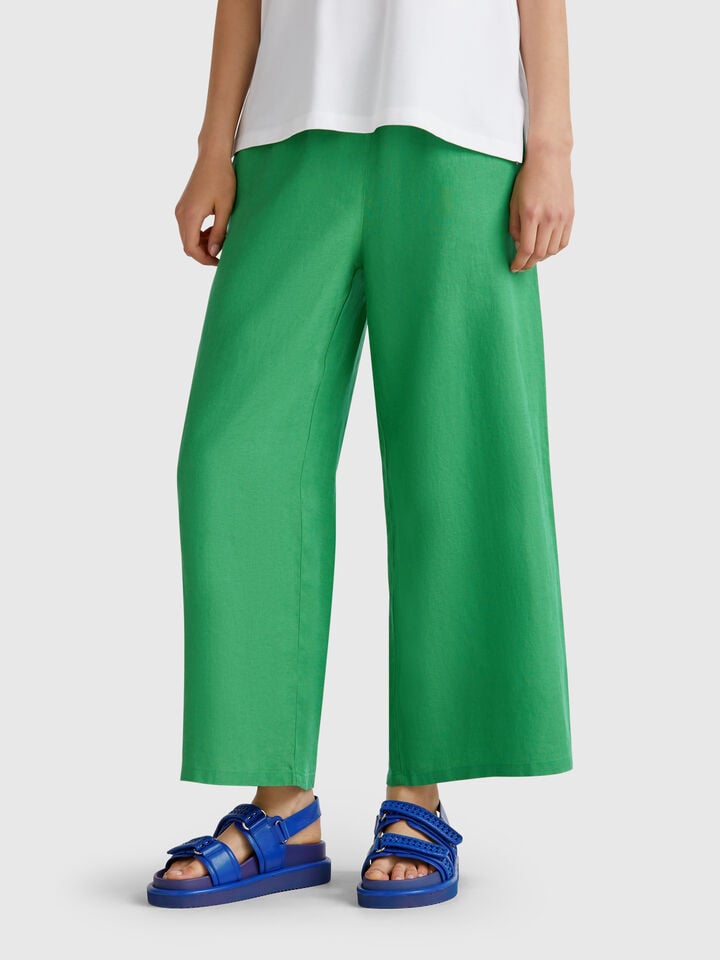 benetton Wide leg trousers in pure linen Green