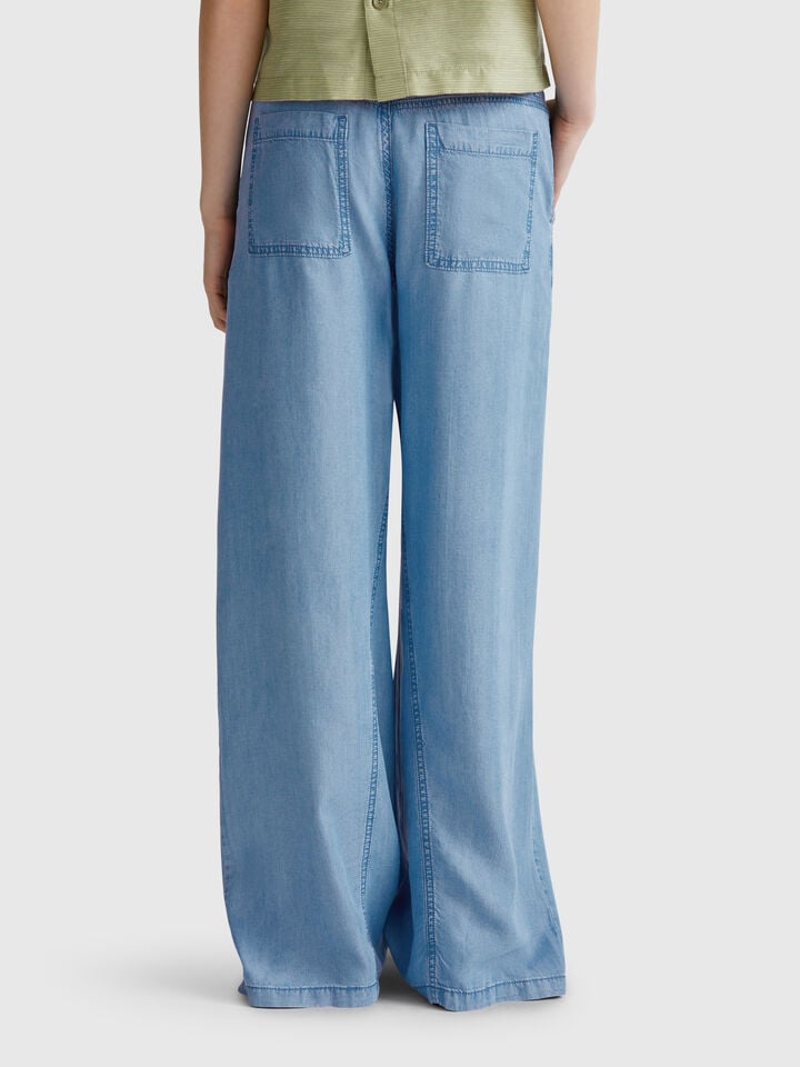Benetton Wide Trousers In Chambray Light Blue