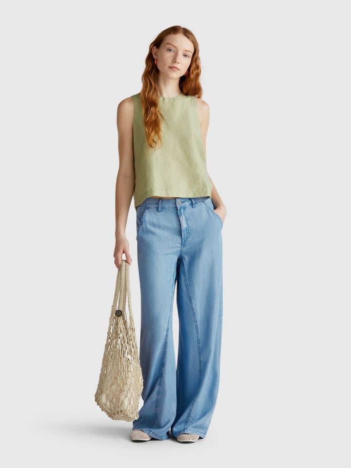 Benetton Wide Trousers In Chambray Light Blue