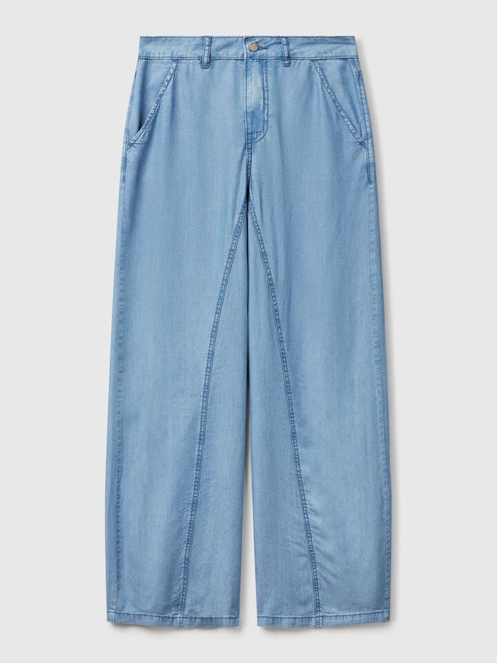 Benetton Wide Trousers In Chambray Light Blue