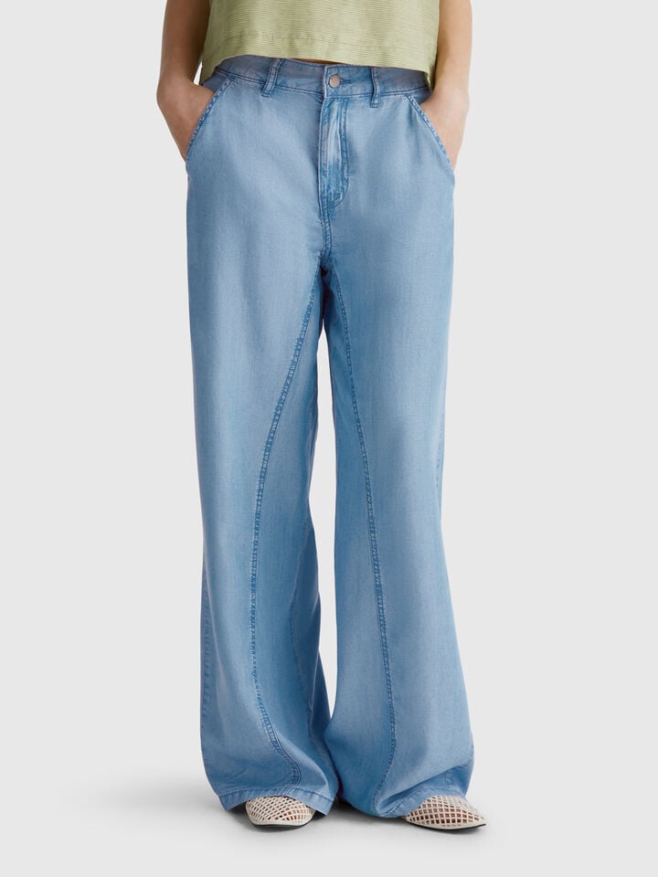 benetton Wide trousers in chambray Light Blue