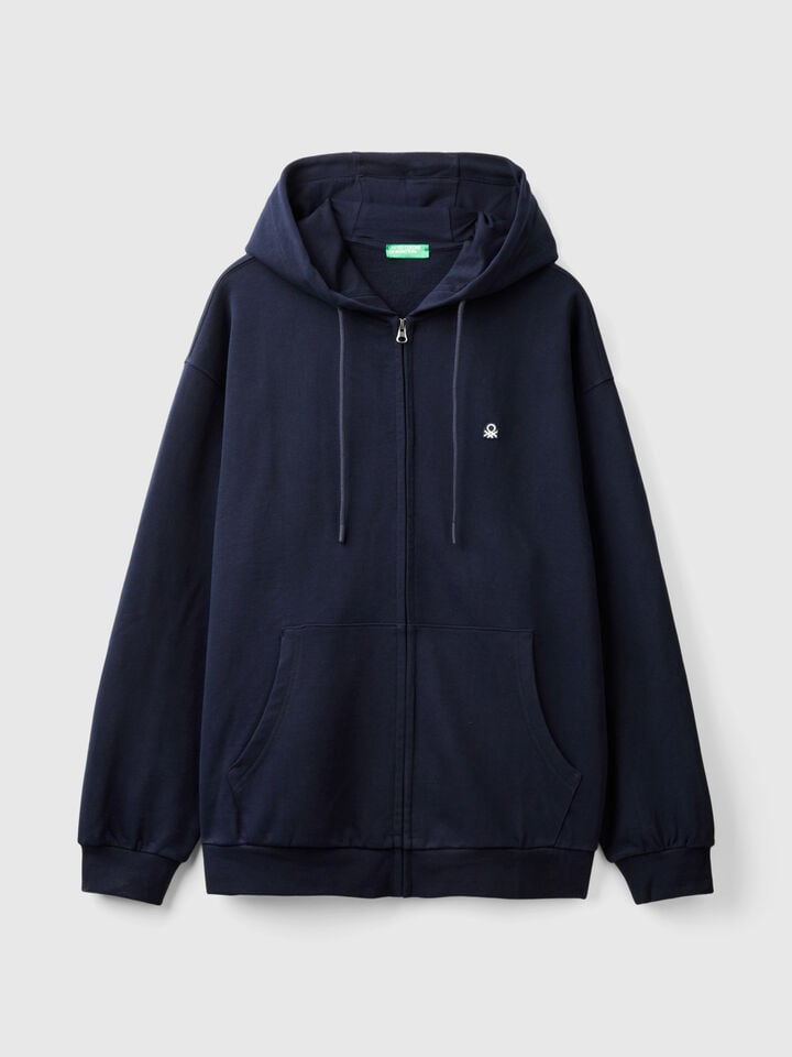 Benetton Zip-up Hoodie In Cotton Dark Blue