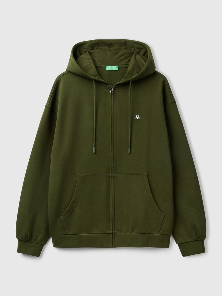 Benetton Zip-up Hoodie In Cotton Military Green