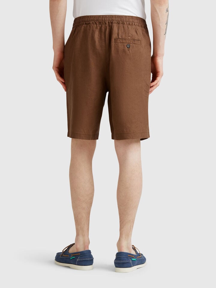 Benetton Bermuda Shorts With Drawstring In Pure Linen Brown