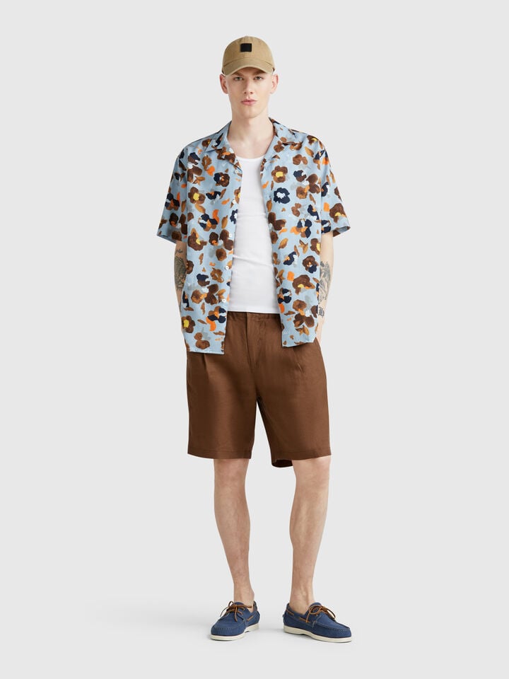 Benetton Bermuda Shorts With Drawstring In Pure Linen Brown