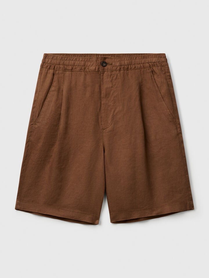 Benetton Bermuda Shorts With Drawstring In Pure Linen Brown