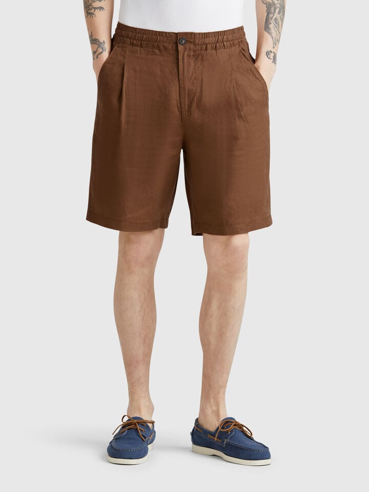 benetton Bermuda shorts with drawstring in pure linen Brown