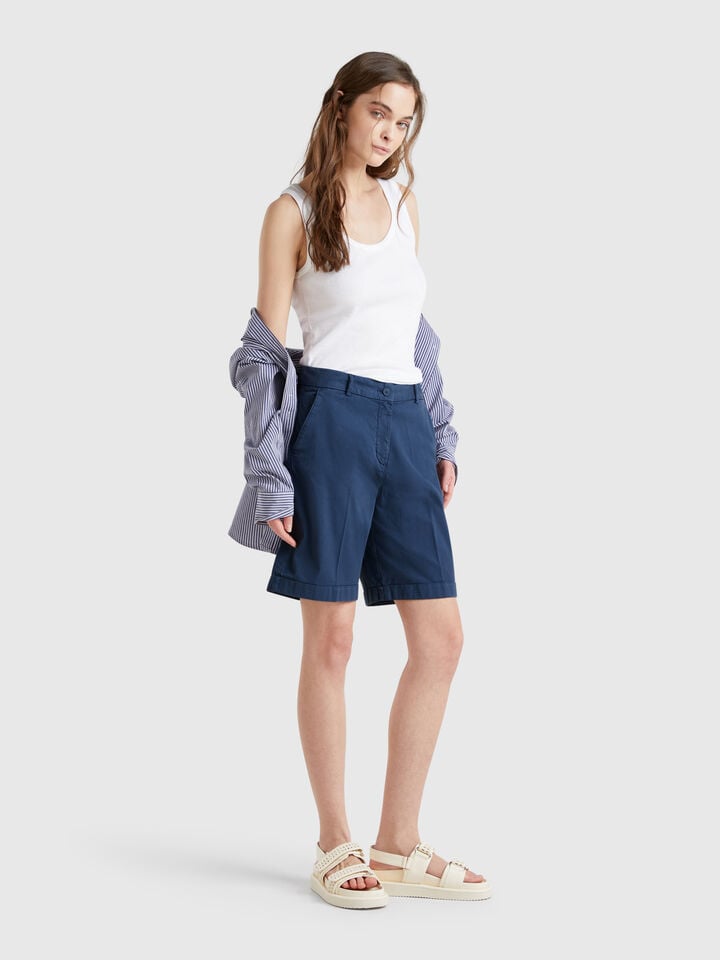 Benetton Bermudas With Cuff In Stretch Cotton Air Force Blue