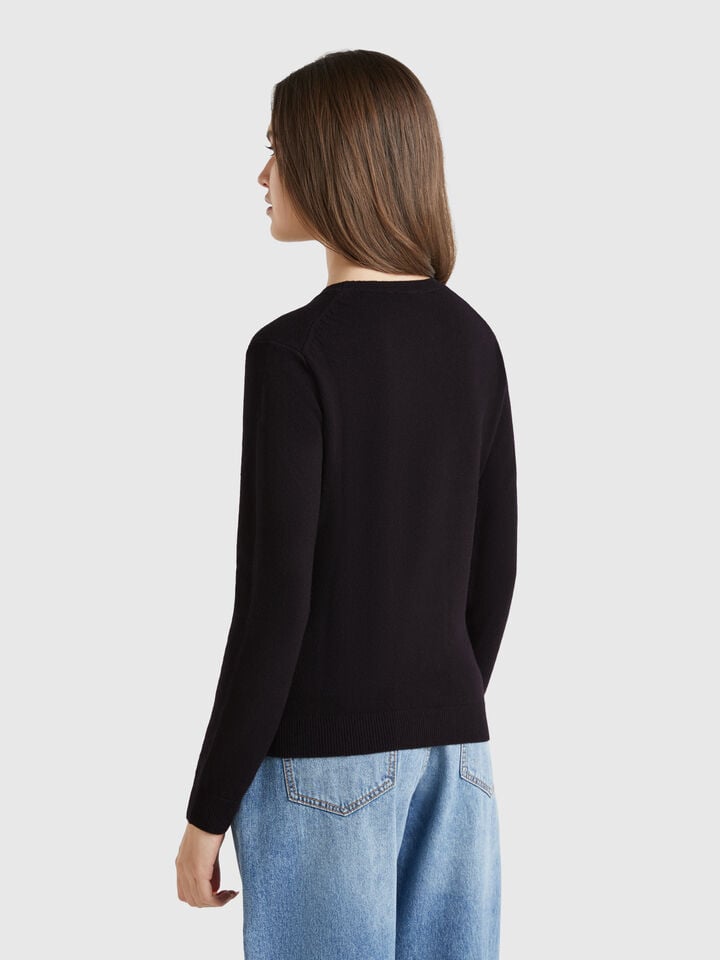 Benetton Black Crew Neck Sweater In Merino Wool Black
