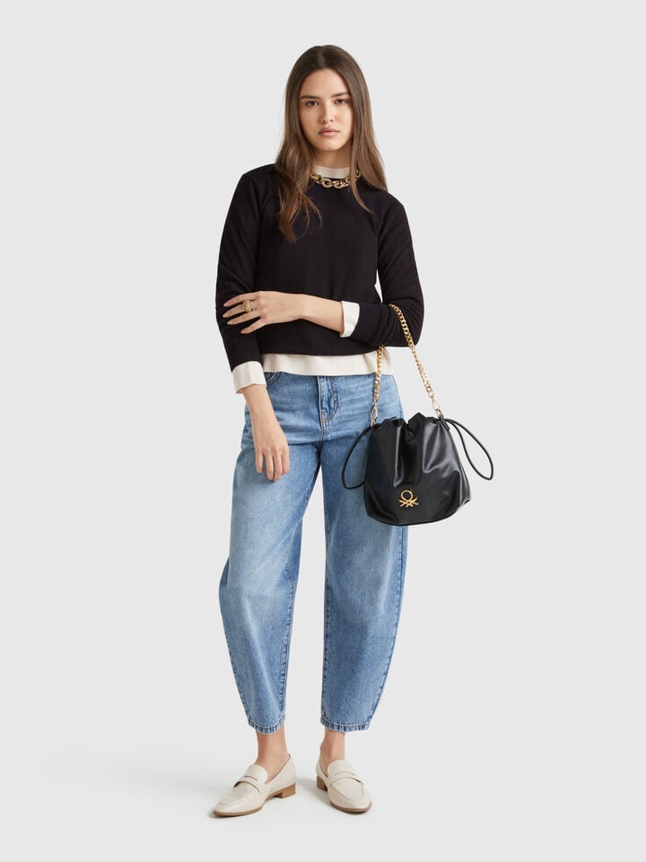 Benetton Black Crew Neck Sweater In Merino Wool Black