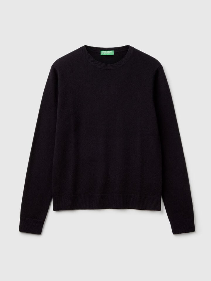 Benetton Black Crew Neck Sweater In Merino Wool Black