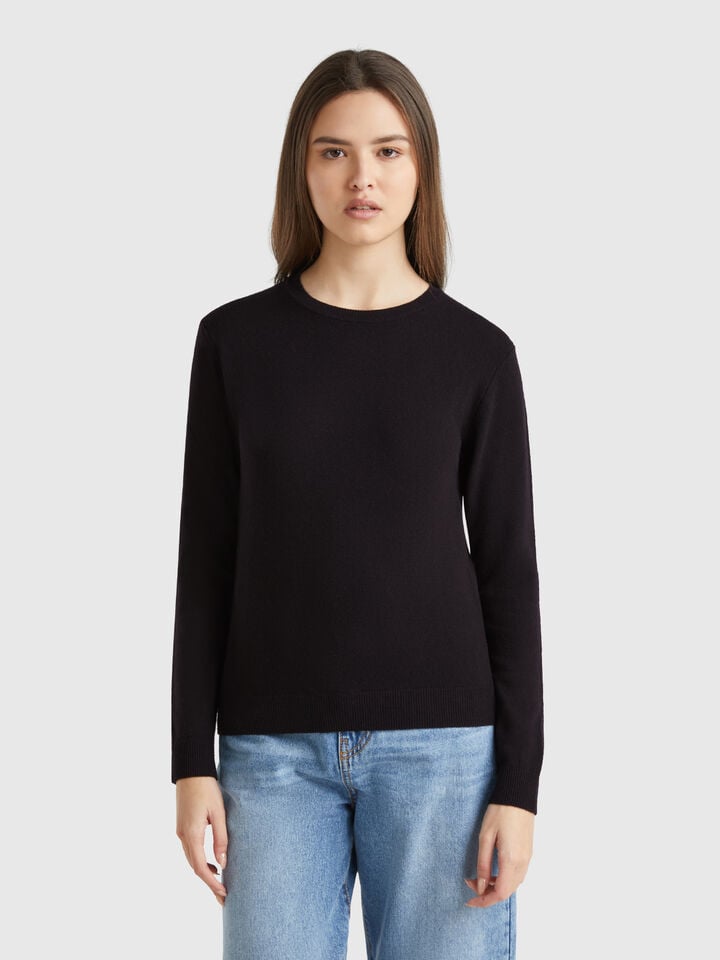 benetton Black crew neck sweater in Merino wool Black