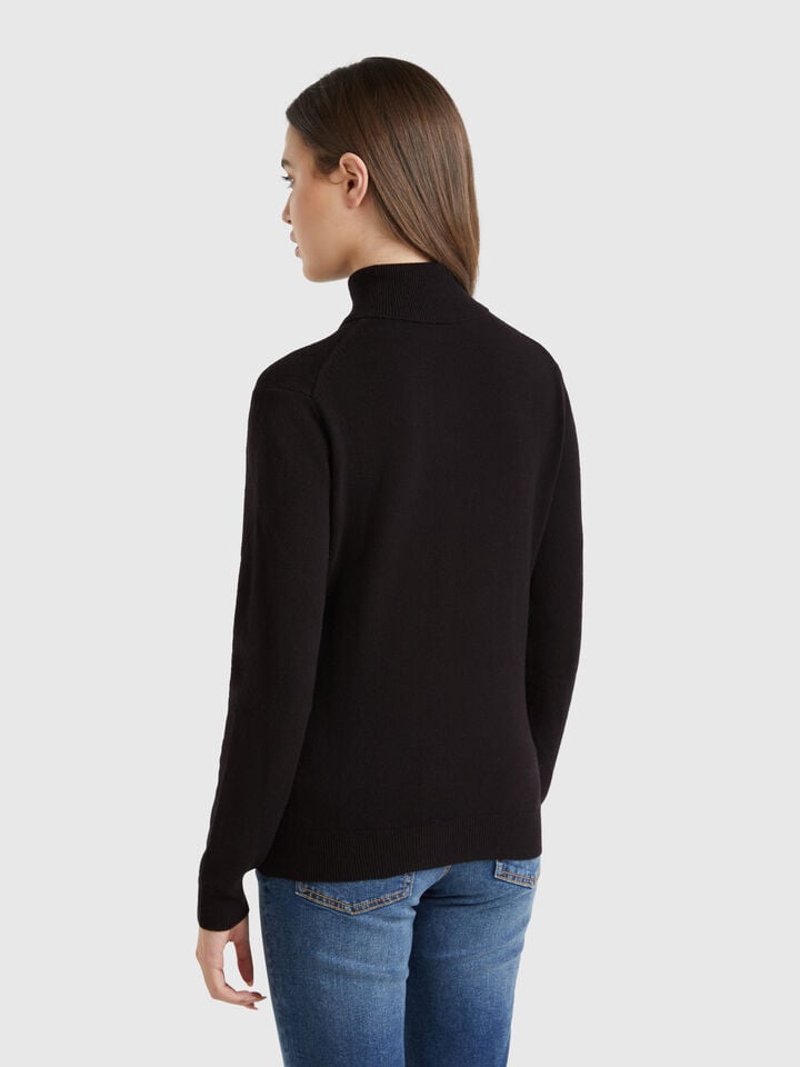 Benetton Black Turtleneck Sweater In Pure Merino Wool Black