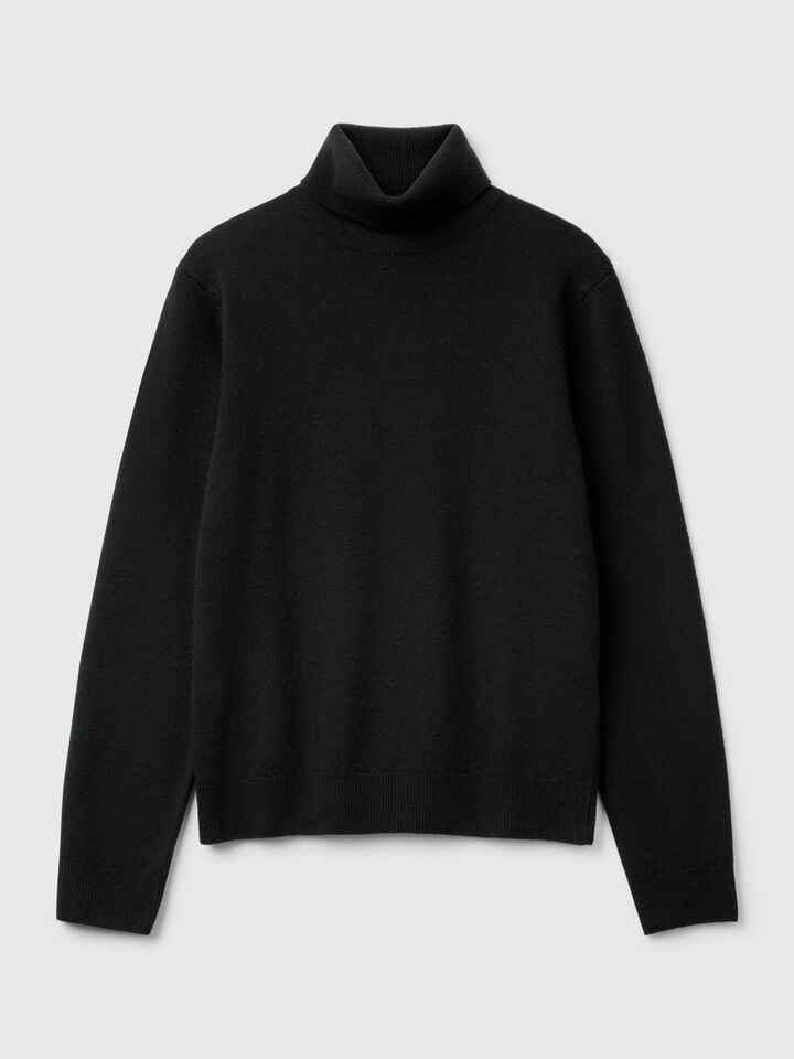 Benetton Black Turtleneck Sweater In Pure Merino Wool Black