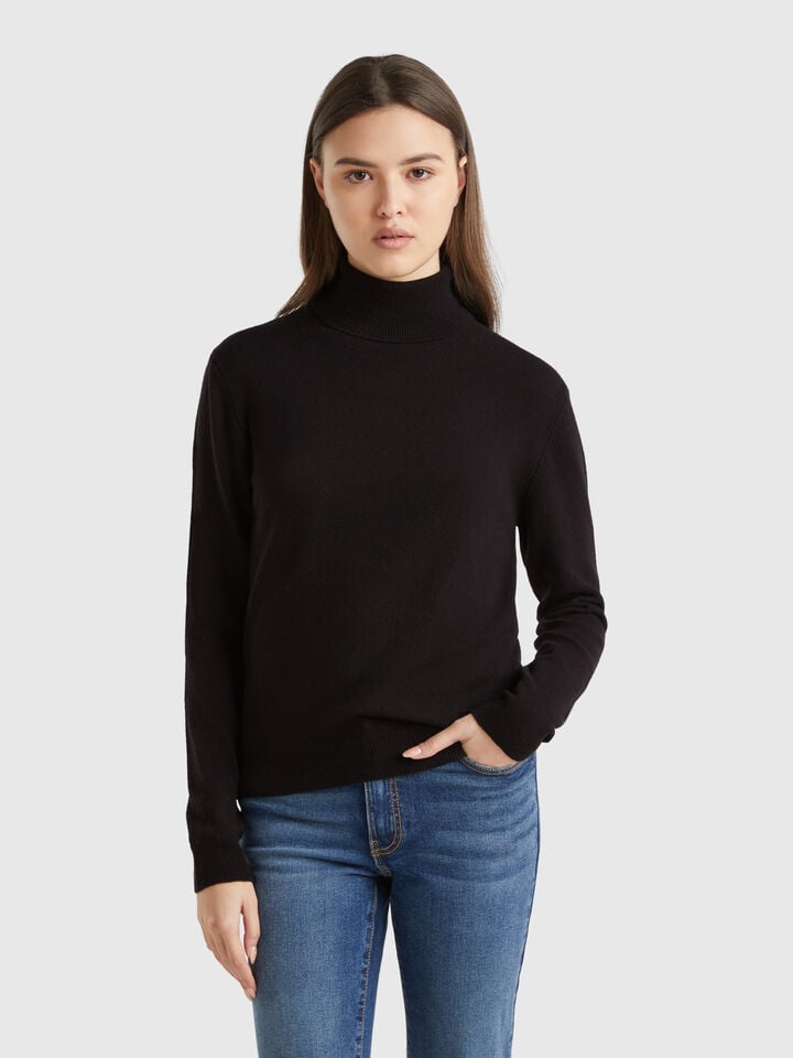 benetton Black turtleneck sweater in pure Merino wool Black