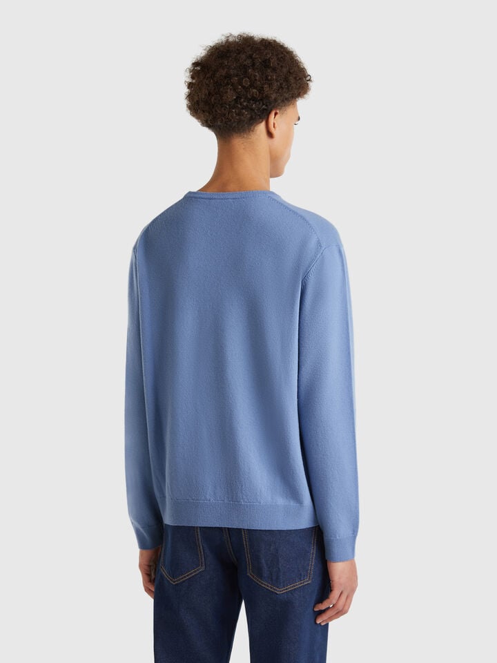 Benetton Blue Gray Sweater In Pure Merino Wool Light Blue