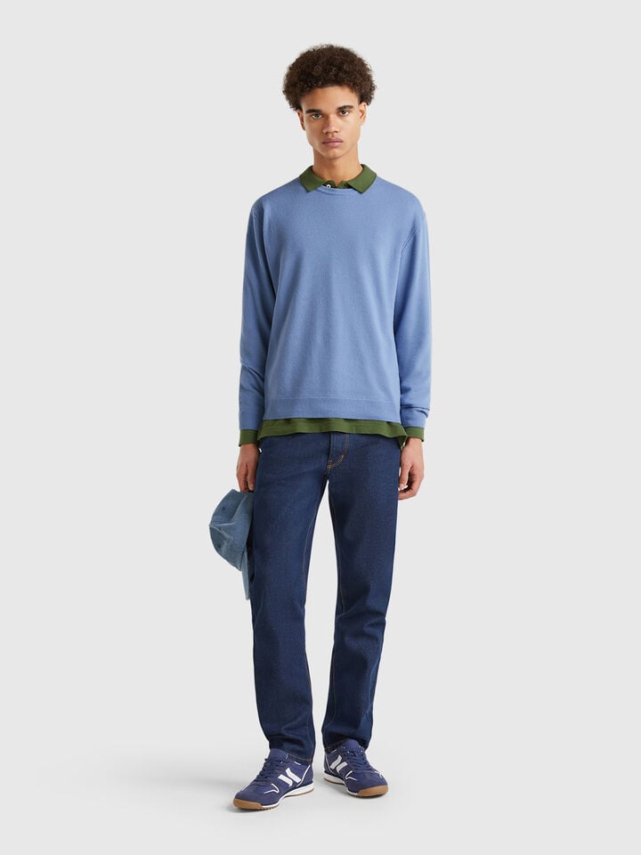 Benetton Blue Gray Sweater In Pure Merino Wool Light Blue