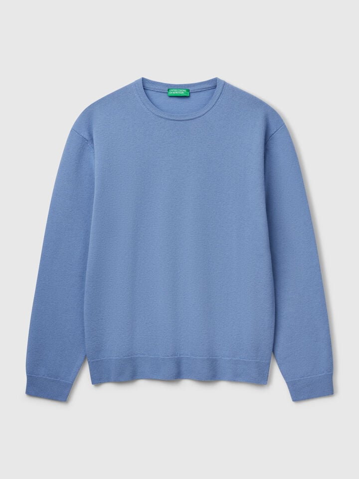 Benetton Blue Gray Sweater In Pure Merino Wool Light Blue