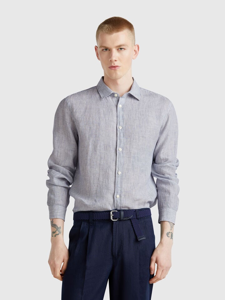 Benetton Blue Patterned Shirt In Pure Linen Bright Blue