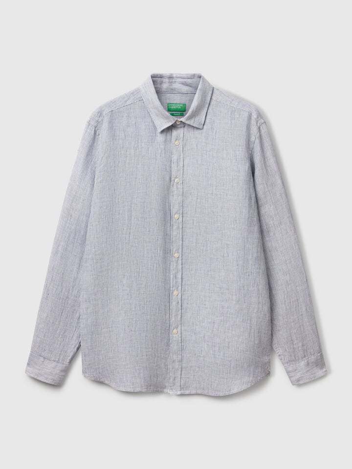 Benetton Blue Patterned Shirt In Pure Linen Bright Blue
