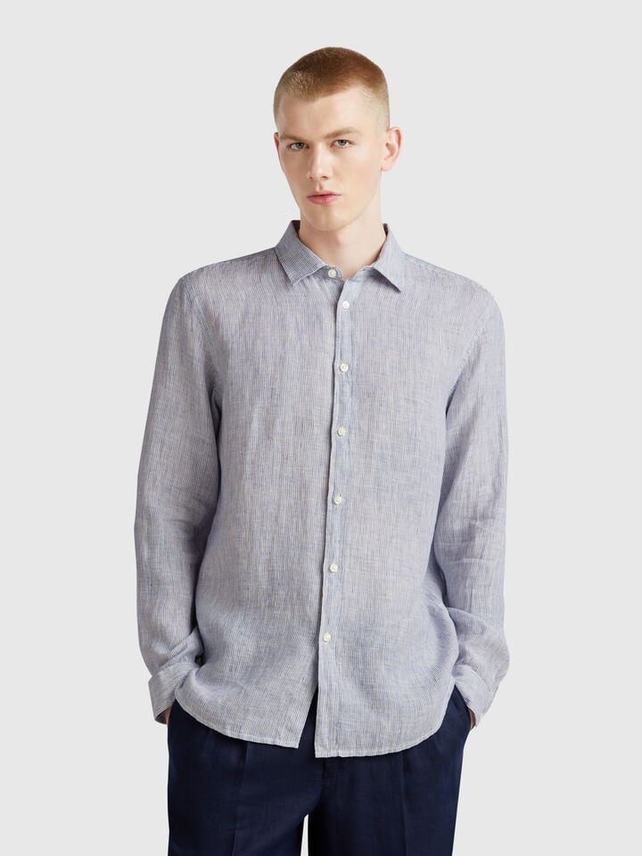 benetton Blue patterned shirt in pure linen Bright Blue