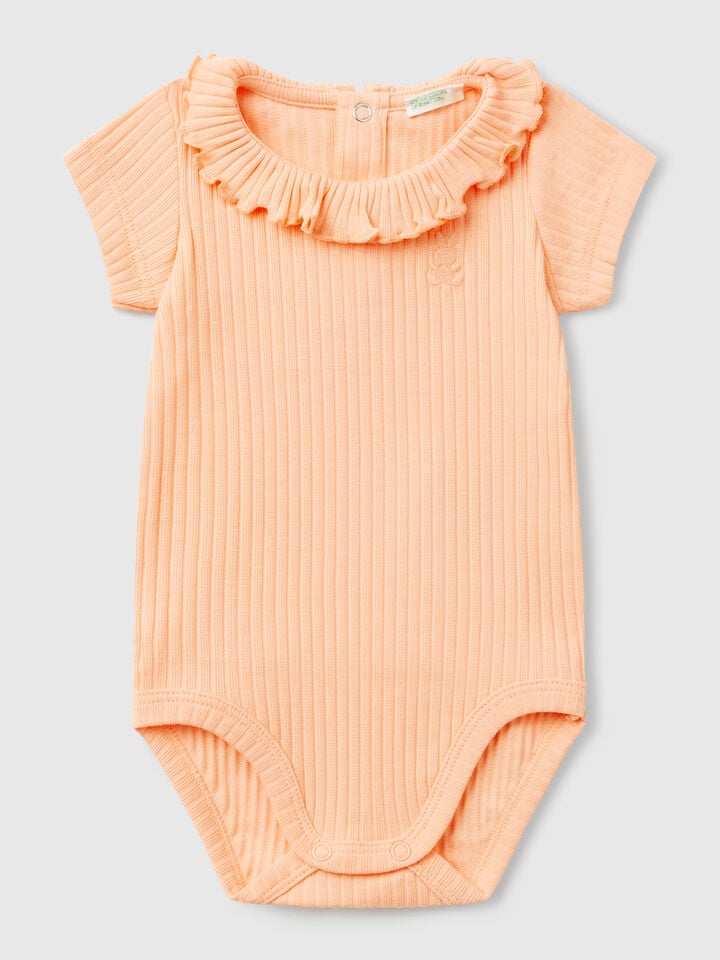 Benetton Bodysuit With Collar In Stretch Cotton Peach