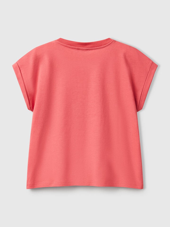 Benetton Boxy Fit T-shirt With Print And Glitter Salmon