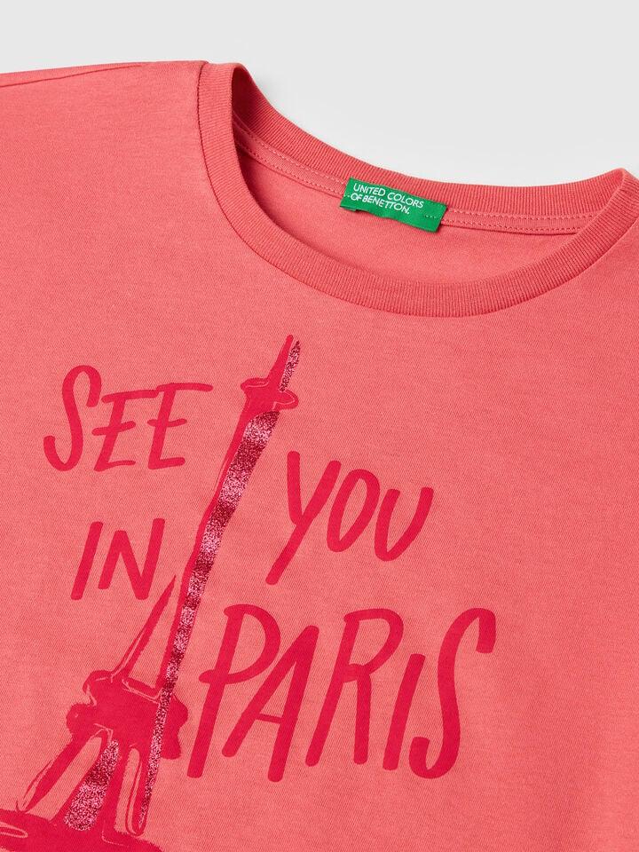 Benetton Boxy Fit T-shirt With Print And Glitter Salmon
