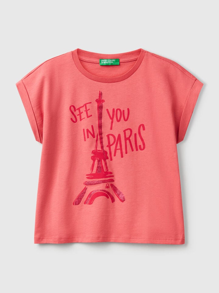 benetton Boxy fit t-shirt with print and glitter Salmon