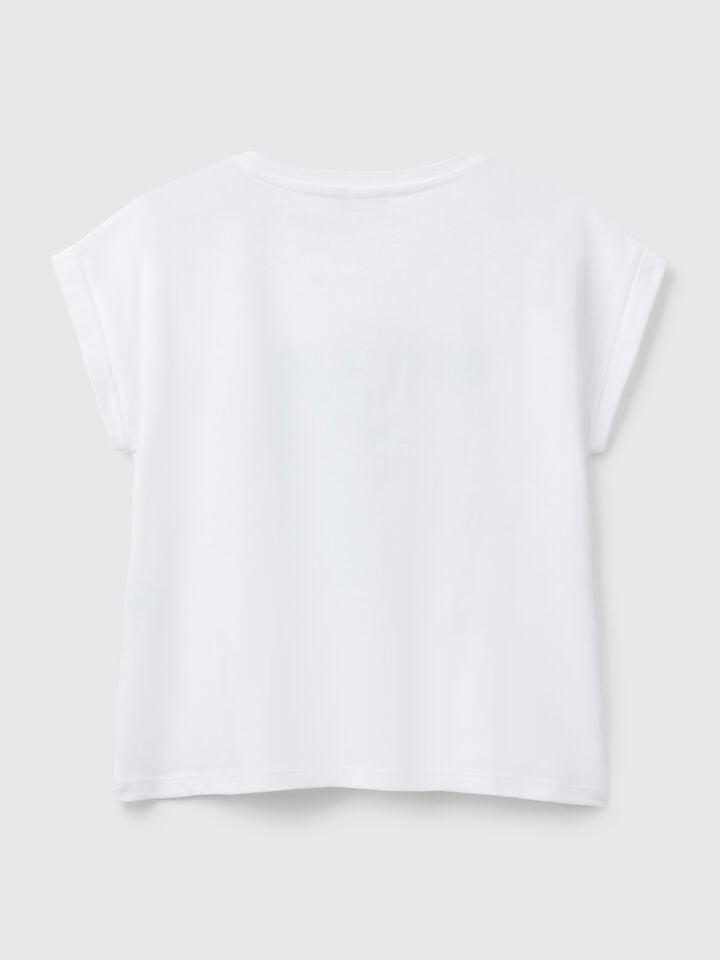 Benetton Boxy Fit T-shirt With Print And Glitter White