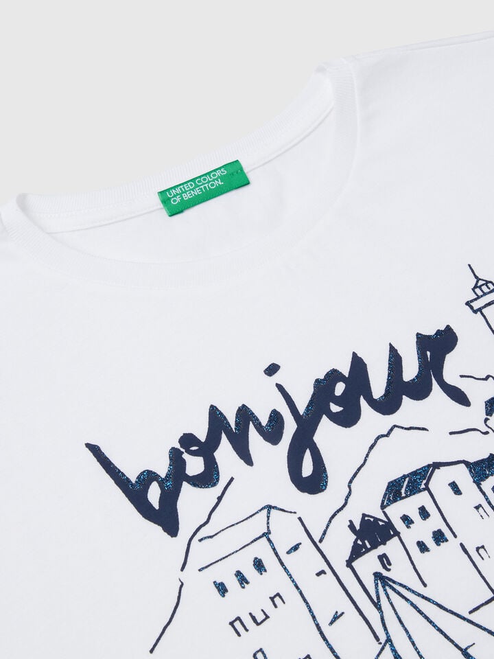 Benetton Boxy Fit T-shirt With Print And Glitter White