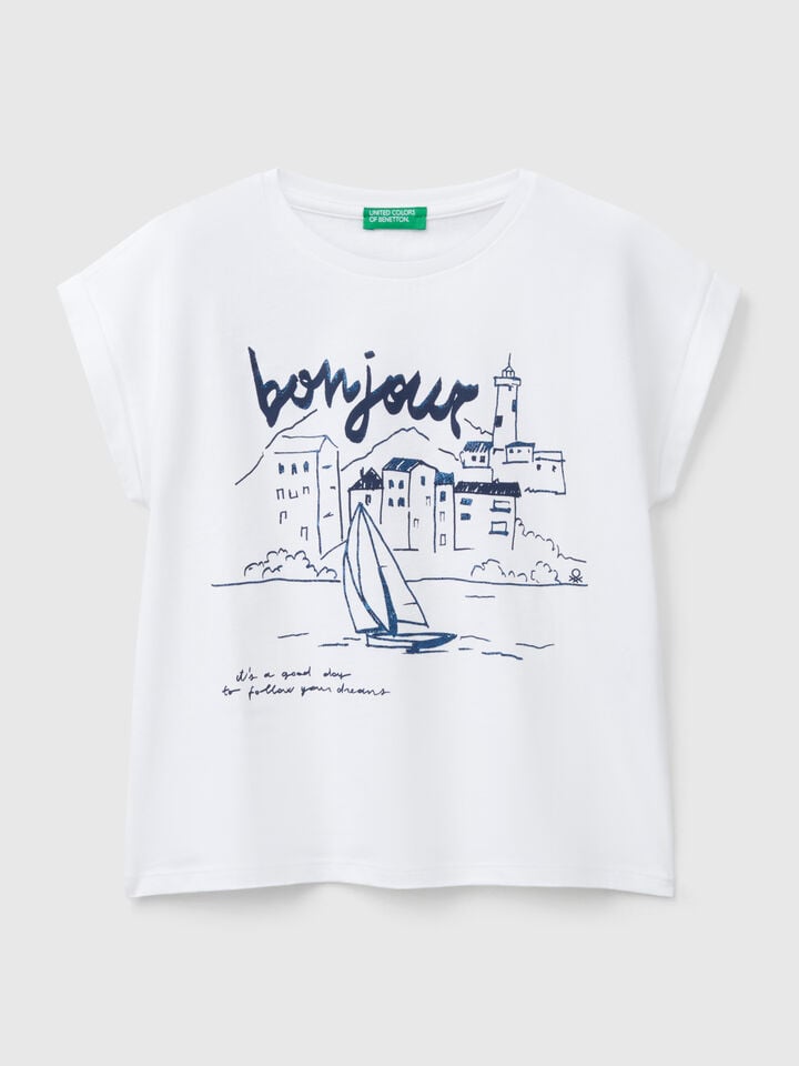 benetton Boxy fit t-shirt with print and glitter White