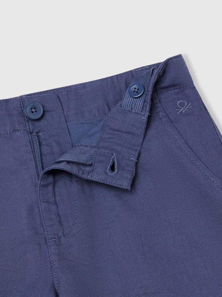Benetton Chino Bermudas In Pure Linen Air Force Blue