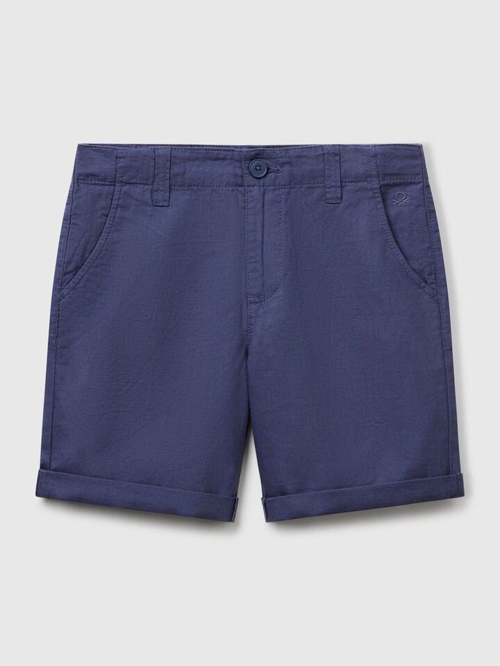 Benetton Chino Bermudas In Pure Linen Air Force Blue
