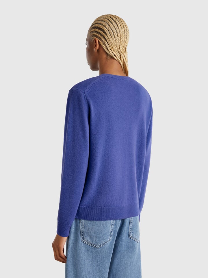 Benetton Cornflower Blue Crew Neck Cardigan In Pure Merino Wool Bright Blue