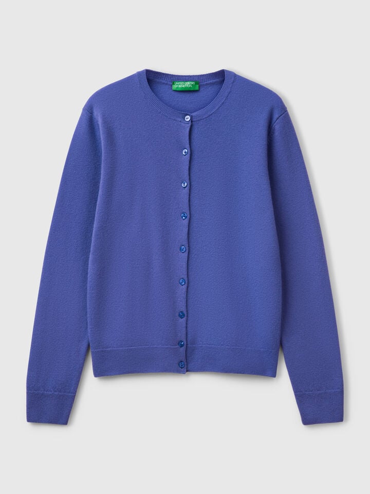 Benetton Cornflower Blue Crew Neck Cardigan In Pure Merino Wool Bright Blue