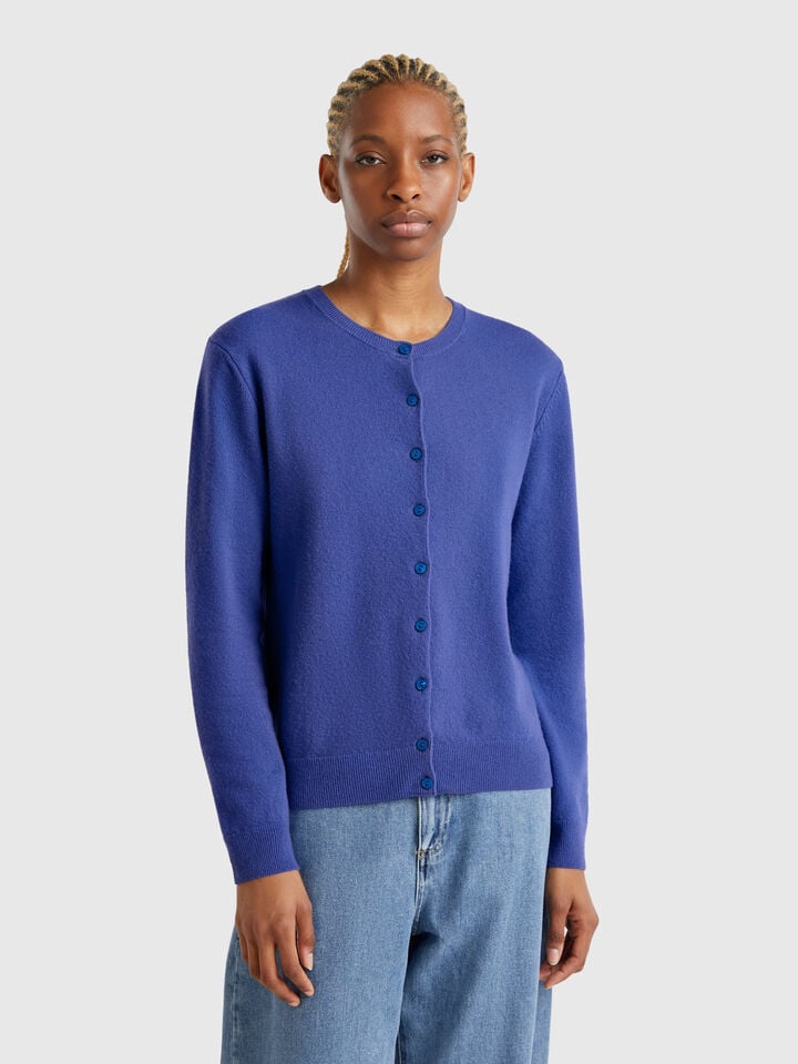 benetton Cornflower blue crew neck cardigan in pure Merino wool Bright Blue