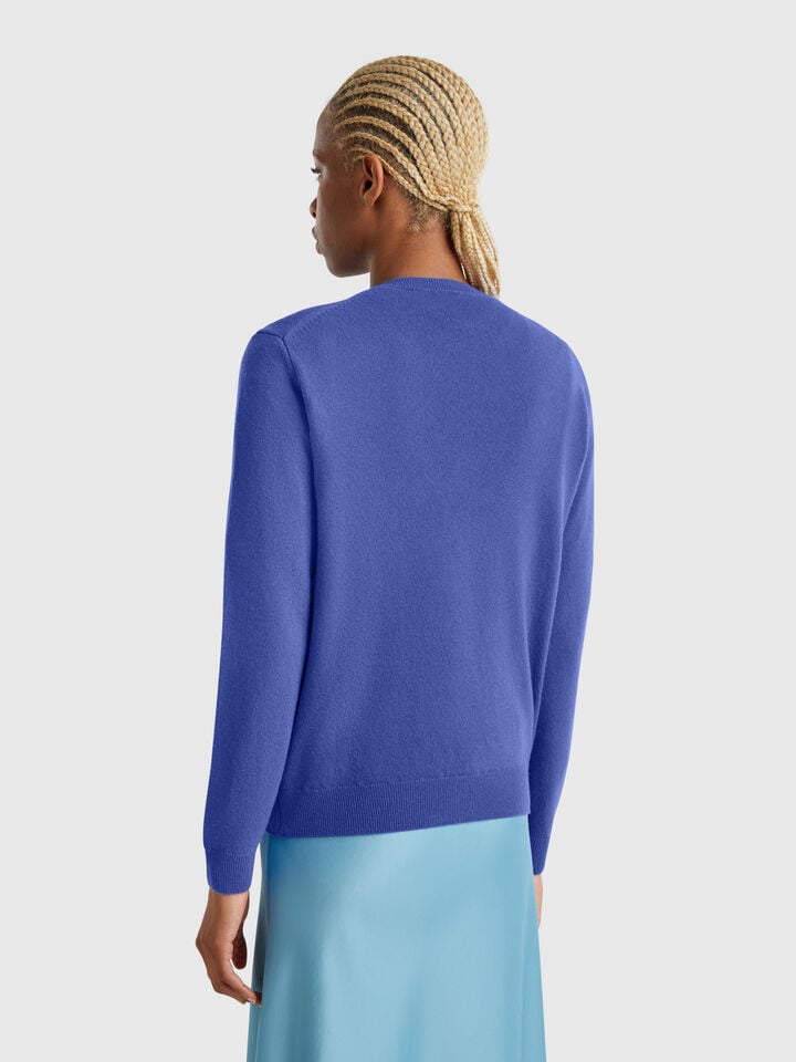 Benetton Cornflower Blue Crew Neck Sweater In Merino Wool Bright Blue