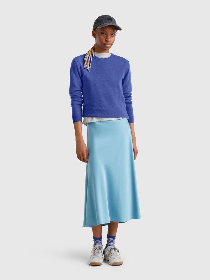 Benetton Cornflower Blue Crew Neck Sweater In Merino Wool Bright Blue