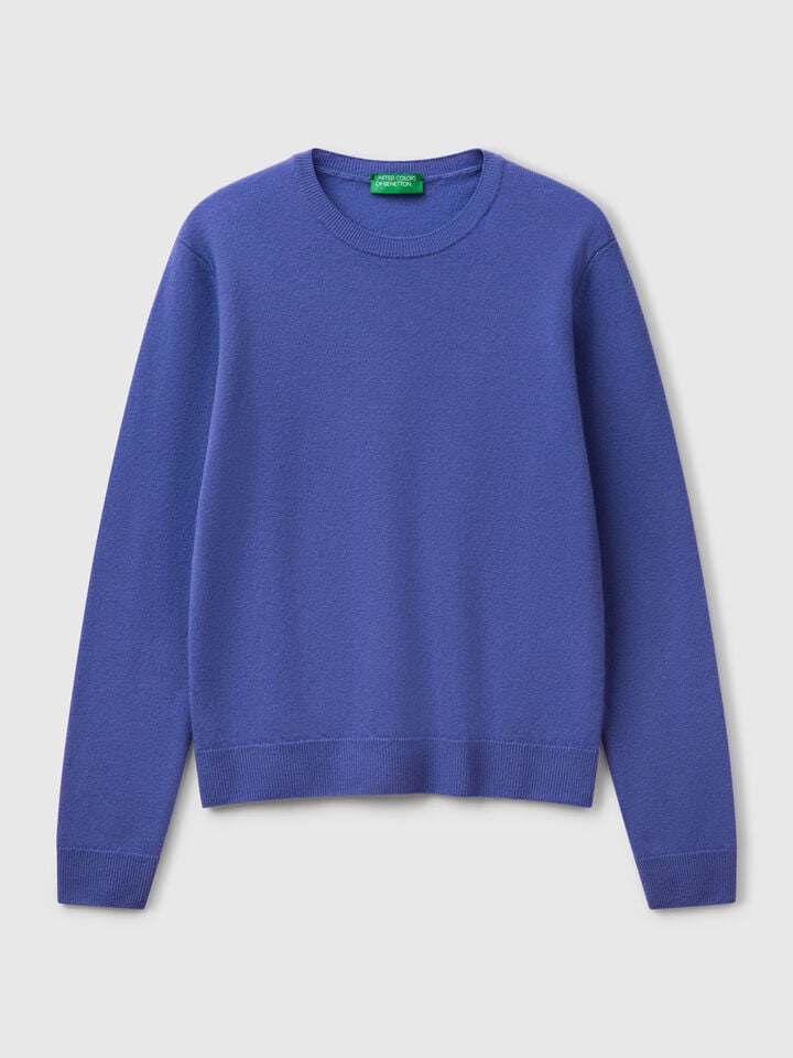 Benetton Cornflower Blue Crew Neck Sweater In Merino Wool Bright Blue