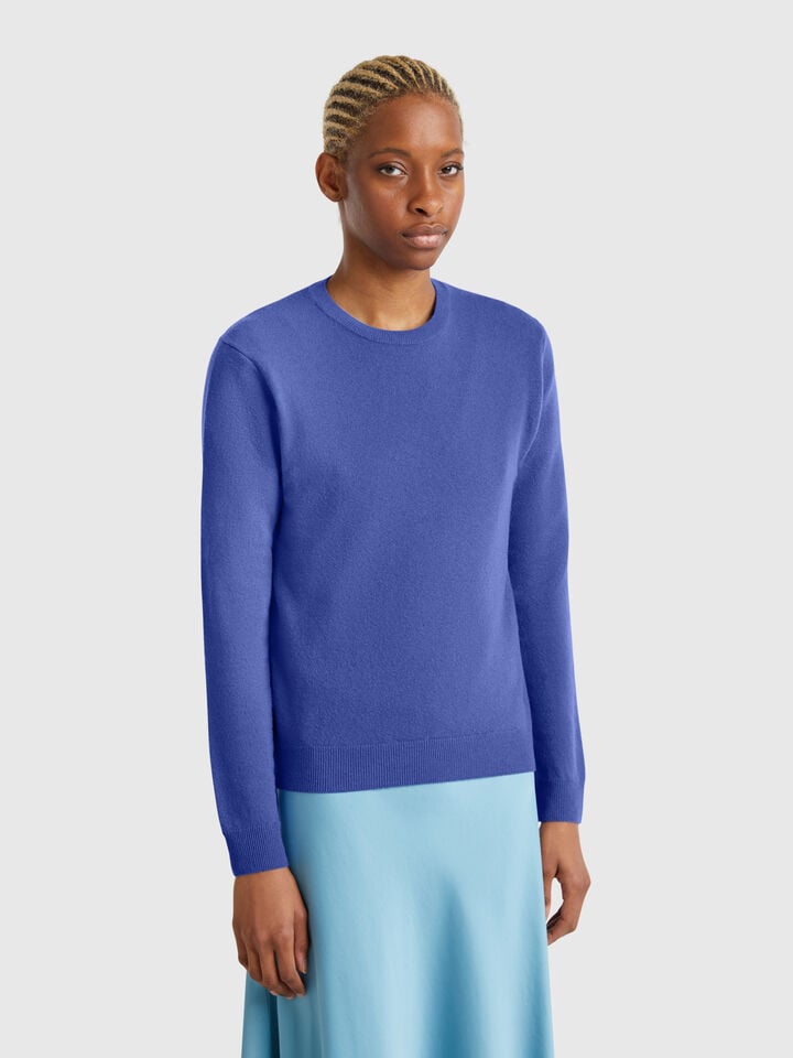 benetton Cornflower blue crew neck sweater in Merino wool Bright Blue